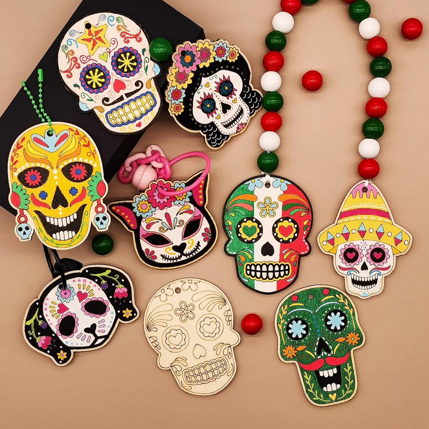 48 Sets Day of The Dead Skull Crafts Kits Unfinished Wooden Sugar Skull Ornaments Make Your Own Mexican Fiesta Festival Decor Halloween Blank DIY Painting Cutout Hanging Slices Tree Decorations