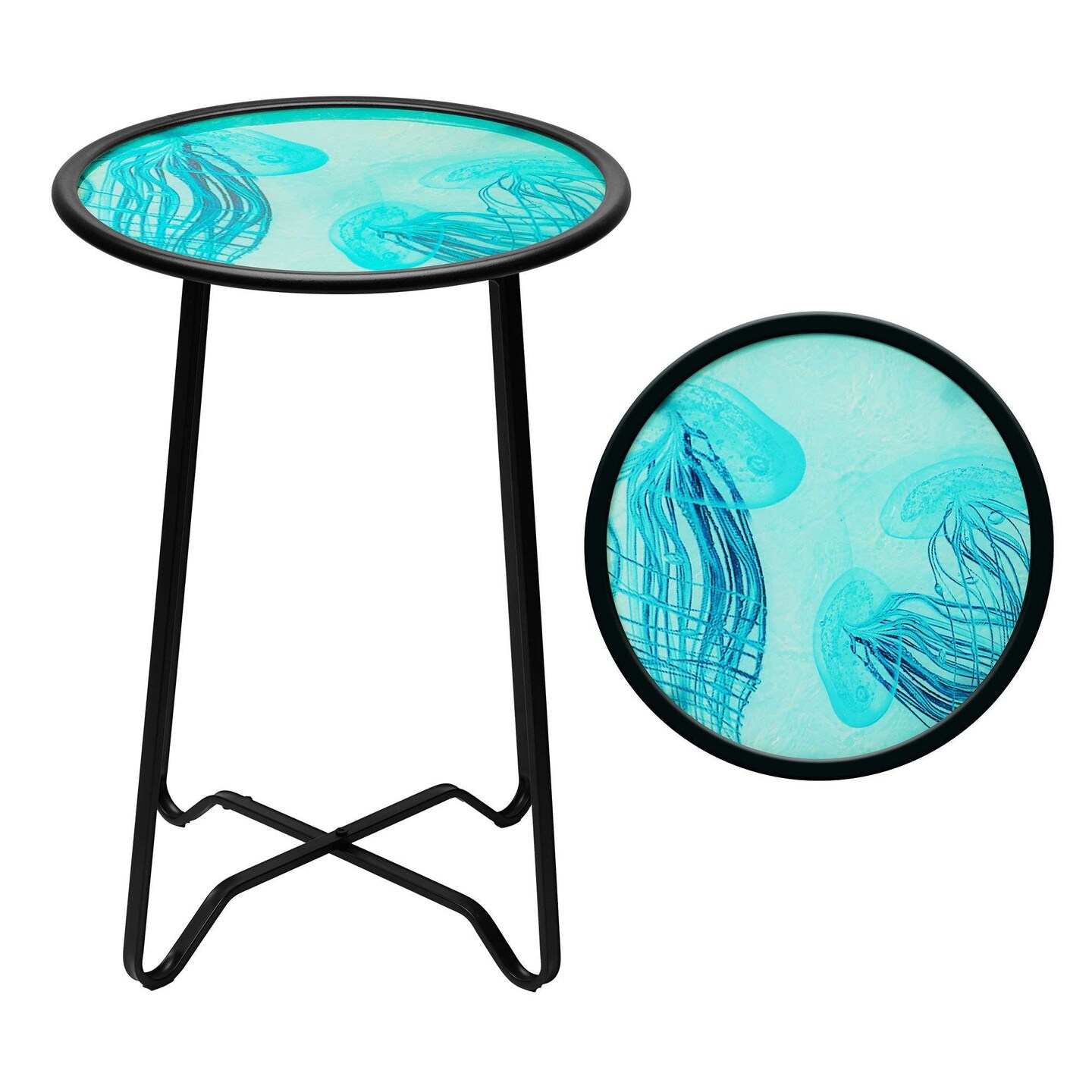 G128 14 in Round Glass Outdoor Side Table Jellyfish Ocean Pattern | Decorative Plant Stand, Small End Table for Garden Patio Porch Living Room