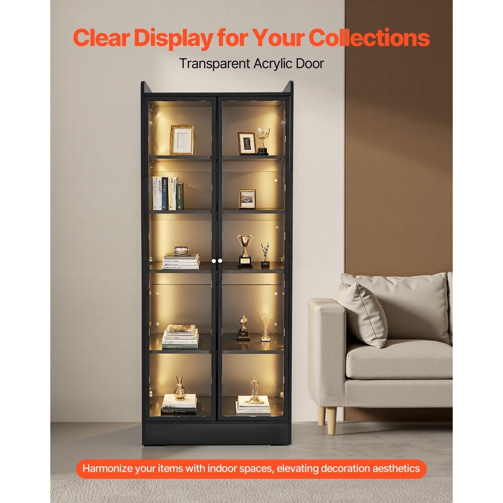 5-Tier Black Floor Standing Display Cabinet with Glass Doors and 3-Color LED Lighting
