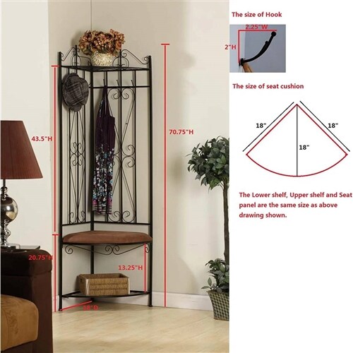 Black Corner Hall Tree with Storage Bench, 6 Hooks and Metal Frame for Entryway Organization