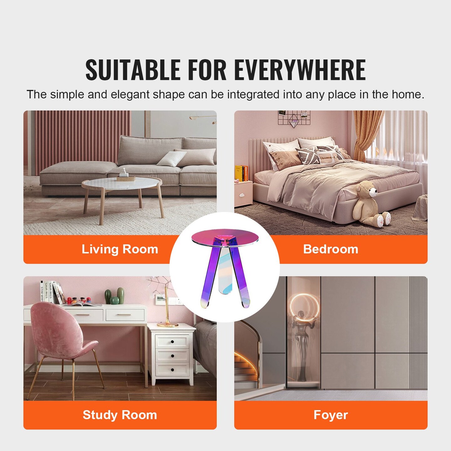 17.7” Round Iridescent Acrylic Transparent Rainbow Side Coffee End Table for Living Room