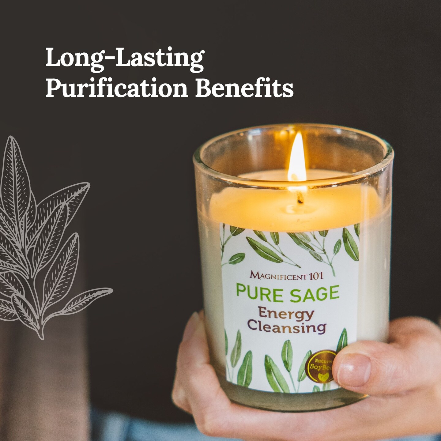 Magnificent 101 Set of 3 Long Lasting Pure Sage Smudge Candles - 42 Hour Burn, 3.5 Oz Each, Made with Soy Wax and Herb, Ideal for House Energy Cleansing, Meditation &#x26; Manifestation