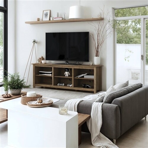 Wood Farmhouse TV Stand for Up to 70" TVs with Storage Shelves