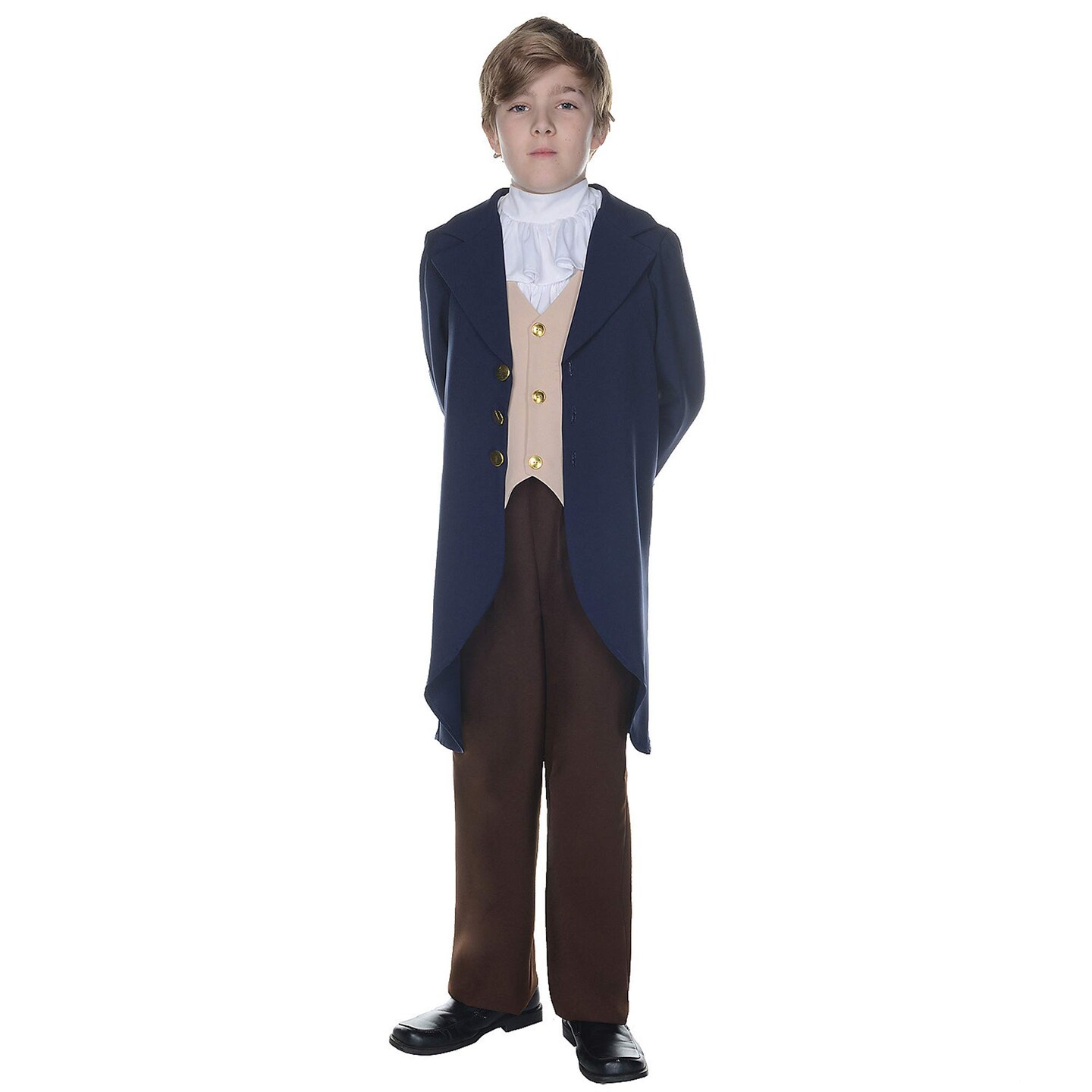 Thomas Jefferson Child Costume with Navy Jacket Tan Vest Brown Pants and Jabot