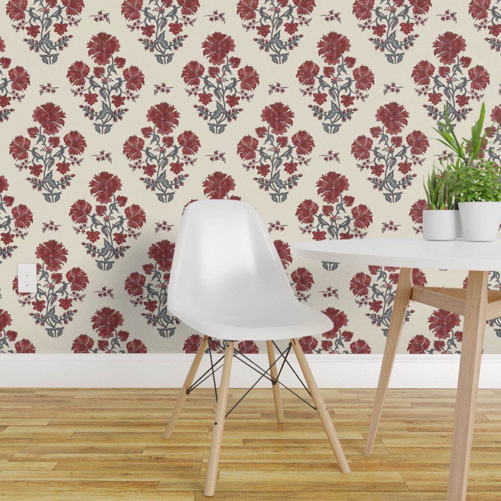 Peel &#x26; Stick Wallpaper 2FT Wide Floral Block Print Autumn Flowers Red Green Beige Americana Custom Removable Wallpaper by Spoonflower