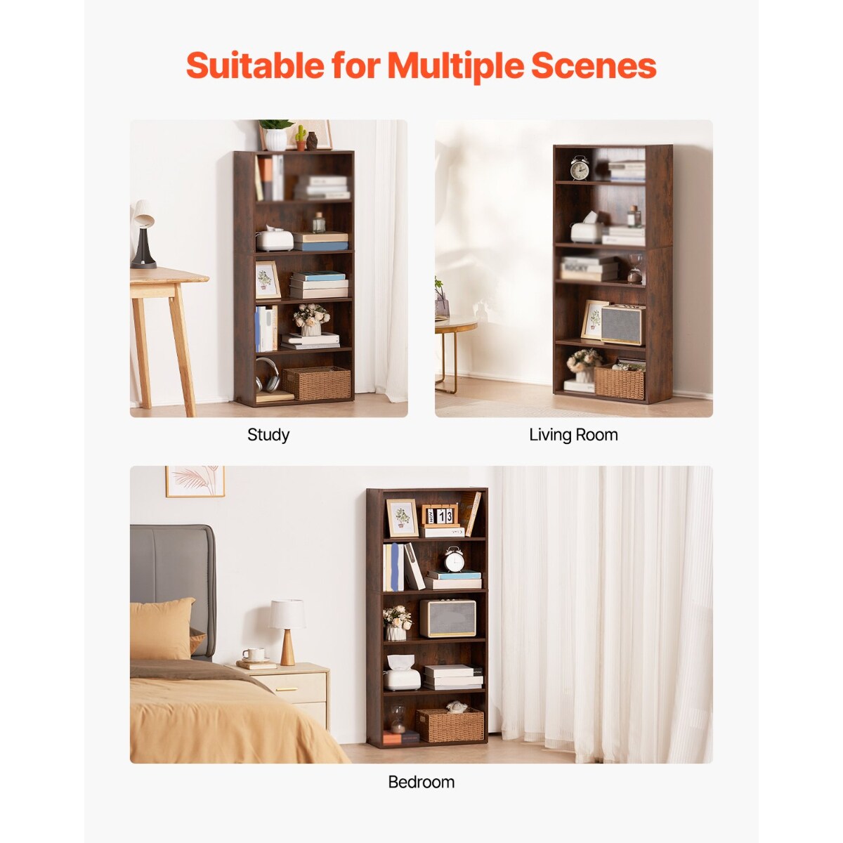 Brown 53" Wooden 5 Tiers Narrow Open Bookshelf with Height Adjustable and Removable Shelf