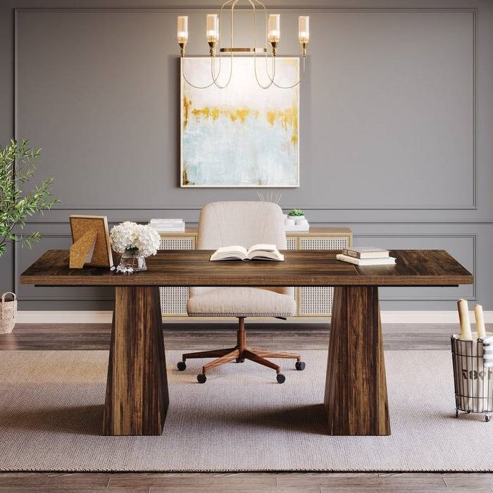 Modern Computer Desk 63" Large Home Office Desk with Dual Pedestal Base and Thick Top