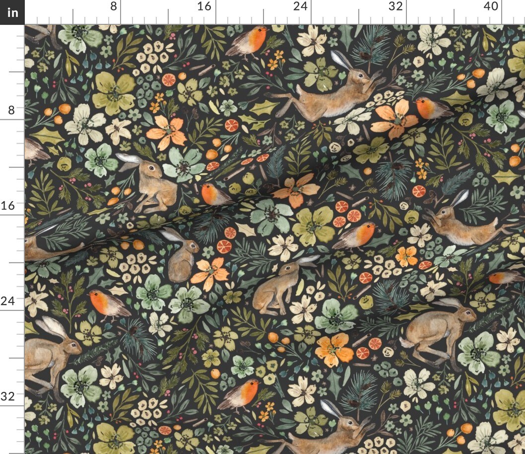 Watercolor Cottagecore Autumn Winter Hand Drawn Robin Orange Holly Leaves Floral Christmas Rabbit Hare Farmhouse Woodland Creatures Flowers Custom Printed Fabric by Spoonflower Various Fabrics by the Yard or Fat Quarter