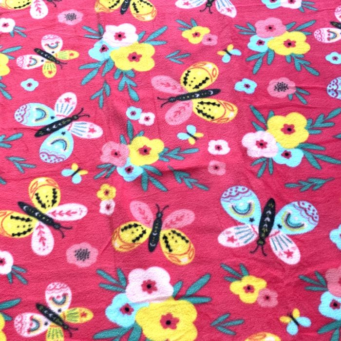 Butterfly and Flowers Pink Anti-Pill Fleece Fabric | By The Yard