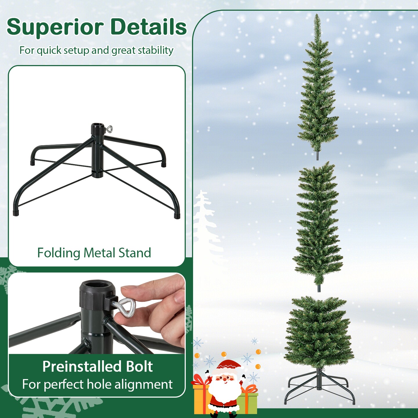 Green PVC Metal Slim Pencil Christmas Tree with LED Lights