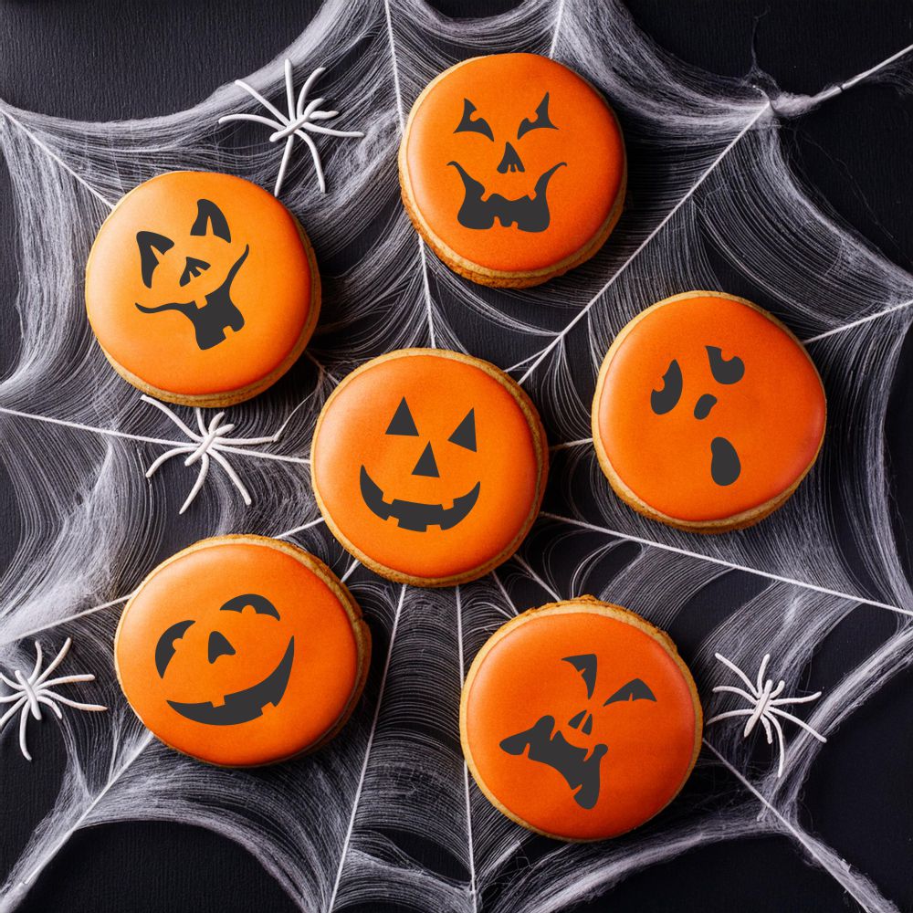 Mini Jack-o-Lantern Faces Cookie Stencil Set | C742 by Designer Stencils | Cookie Decorating Tools | Baking Stencils for Royal Icing, Airbrush, Dusting Powder | Reusable Plastic Food Grade Stencil for Cookies | Easy to Use &#x26; Clean Cookie Stencil