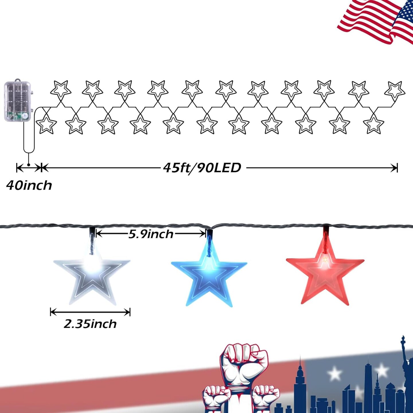 4th of July Decorations Star Lights, 45FT 90Led Red White and Blue String Lights with 8 Modes, Battery Operated & USB Charge Patriotic Lights for Indoor Outdoor Garden, Golf, Cart Memorial Day Decor