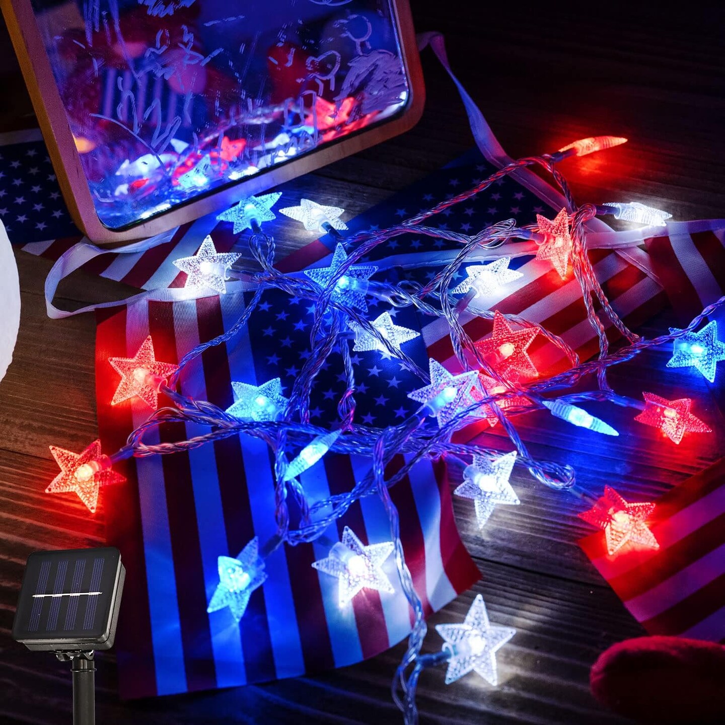 Red White Blue Solar Lights, 4th of July Decor Star String Lights 100LED Garden Solar Lights 51FT Waterproof 8 Modes for Outdoor Garden 4th of July Independence Day Memorial Day Decor