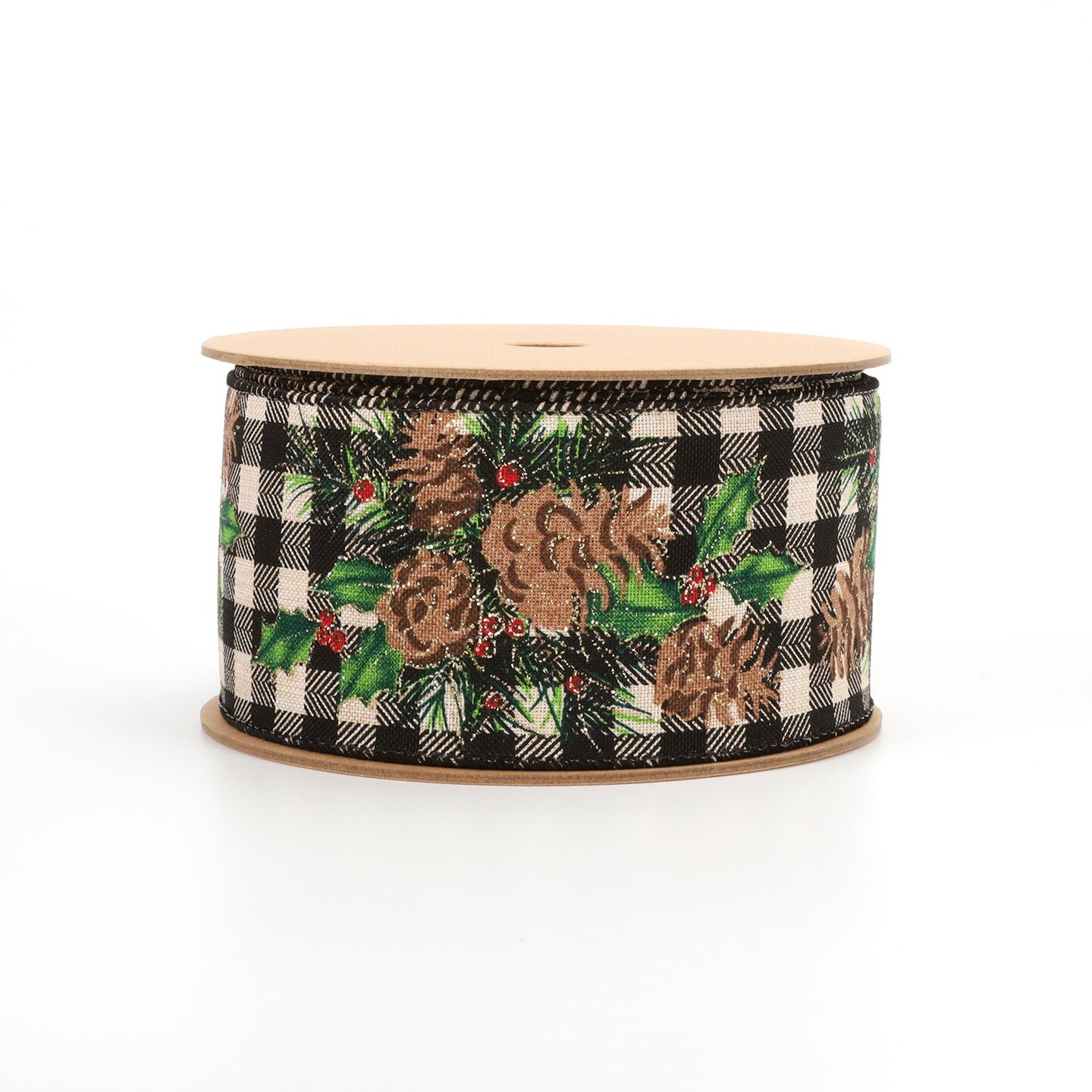 LaRibbons 2-1/2&#x22; Printed Wired Ribbon | White/Black Check w/ Pinecone | 10 Yard Roll