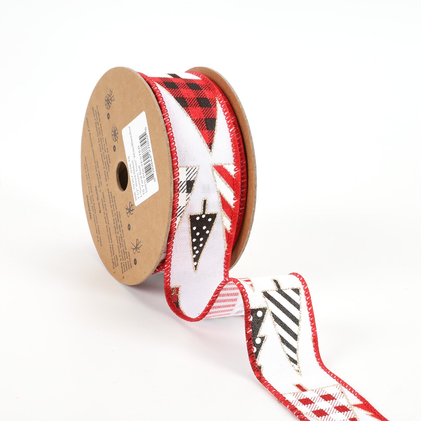 LaRibbons 1 1/2&#x22; Wired Ribbon | &#x22;Geometric Trees&#x22; White/Black/Red | 10 Yard Roll