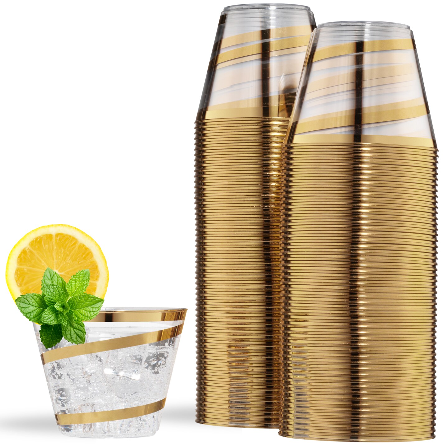 110 Pack 9 oz Disposable Clear Plastic Cups| Gold Rimmed Disposable Cups