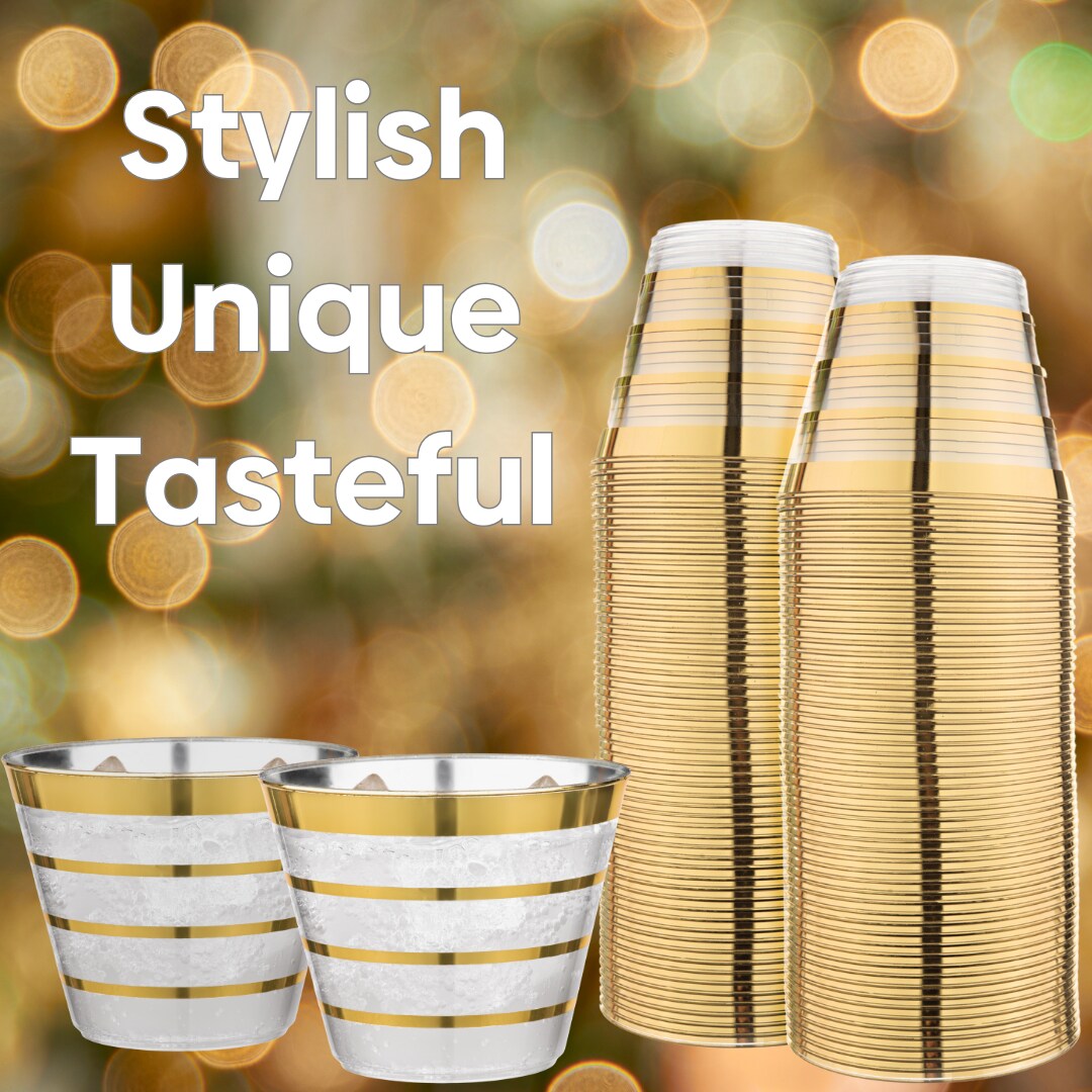 110 Pack 9 oz Disposable Clear Plastic Cups| Gold Rimmed Disposable Cups