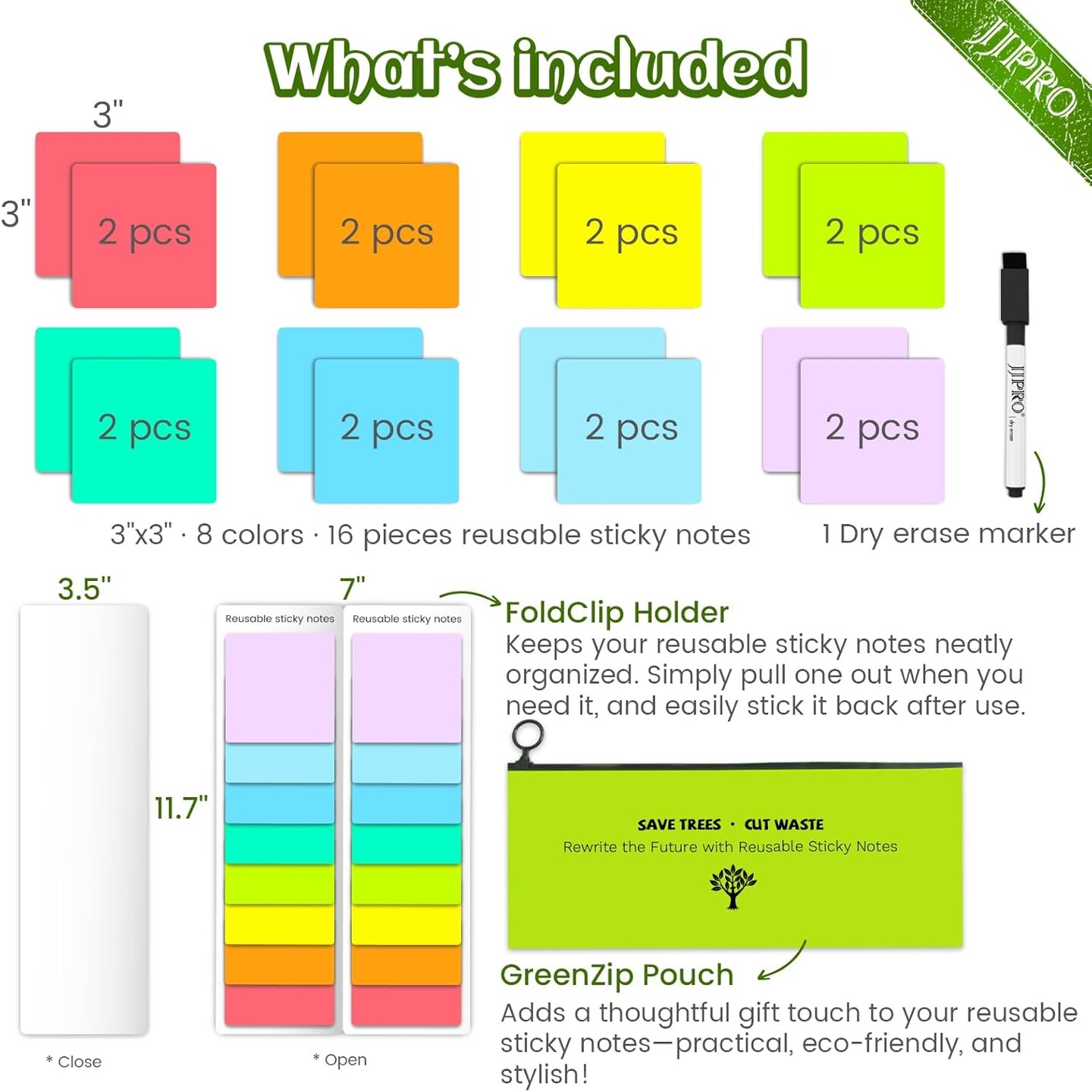 Dry Erase Sticky Notes - Reusable Whiteboard Stickers 8 Colors 3&#x22;x3&#x22;-16 Pack. Suitable for All Smooth Surface.Great for Labels, Lists, Reminders and Decals-Washable,Removable