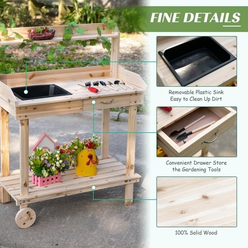 Wooden Potting Bench with Sink, Drawer &#x26; Storage on Wheels