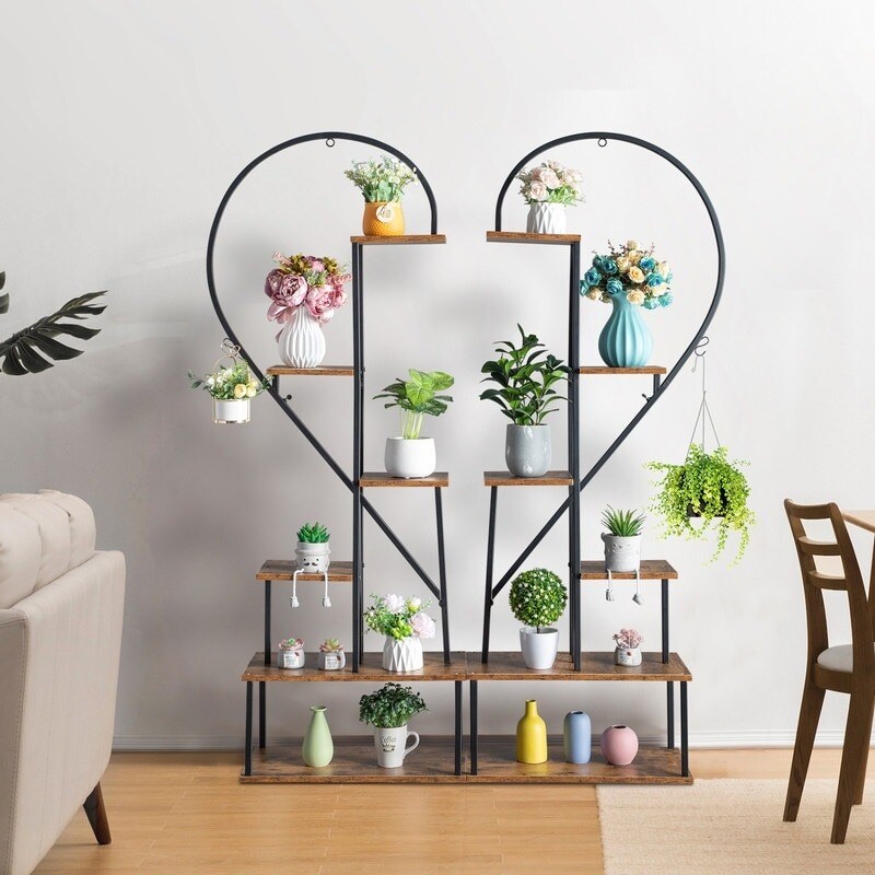 2-Pieces 6-Tier Half Heart Ironwood Plant Stand