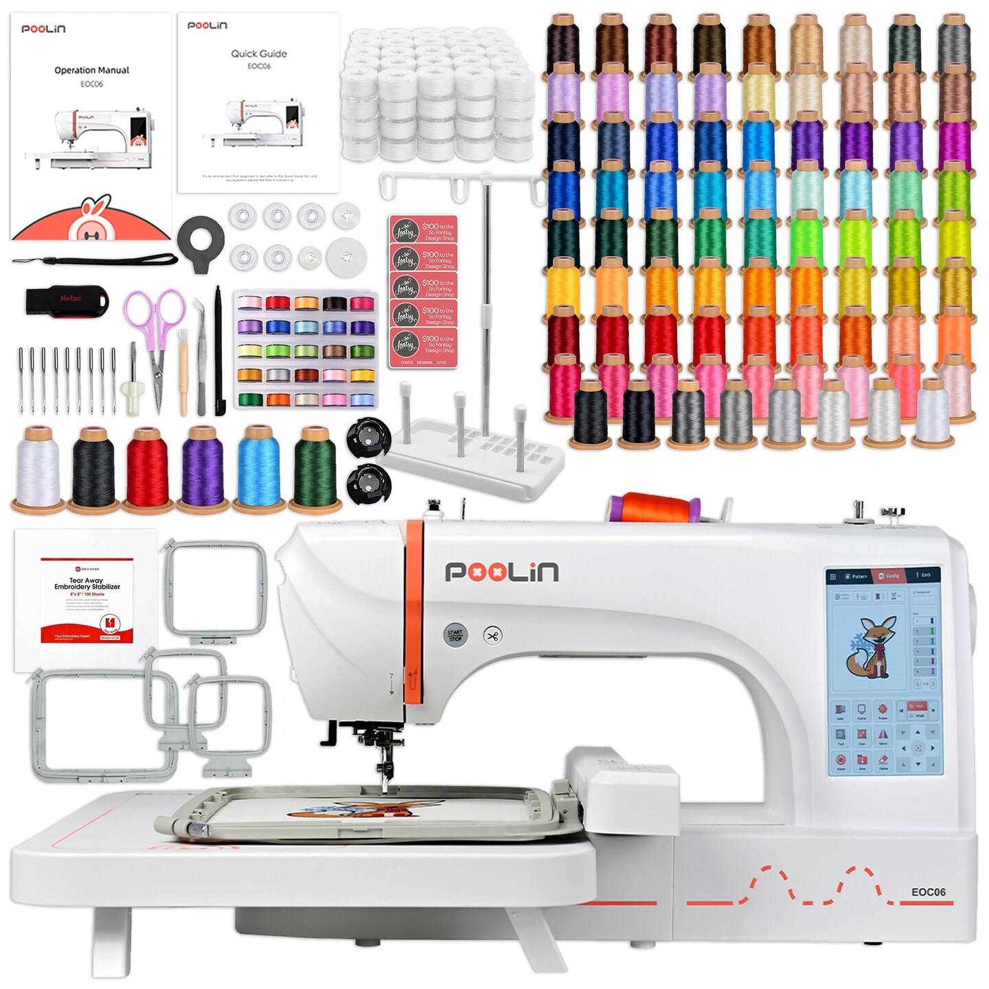 POOLIN EOC06 7.9in x 11in Embroidery Machine with 80 Embroidery Spools Bundle