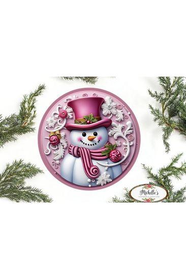 Pink Snowman Top Hat Round Sign - Wreath Enhancement
