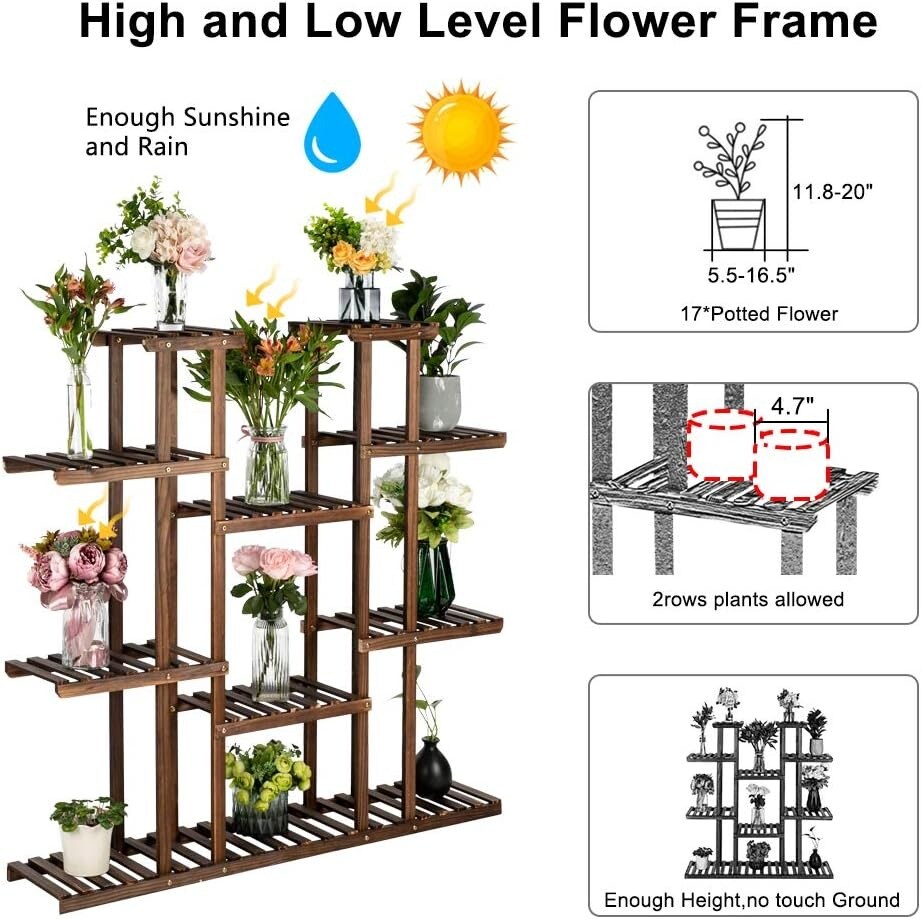 6-Tier Carbonized Wood Plant Stand with 11 Seats