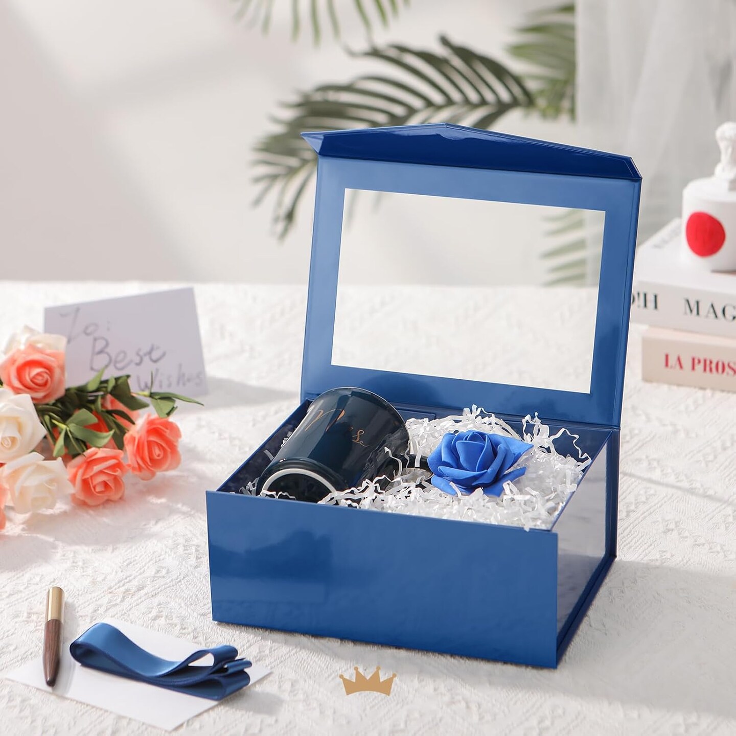 Blue Easter Gift Box with Window, 9x6.5x3.8 Inches, Clear Gift Box for Present Contains Ribbon, Card, Groomsman Proposal Boxes with Magnetic Lid (Glossy Blue)