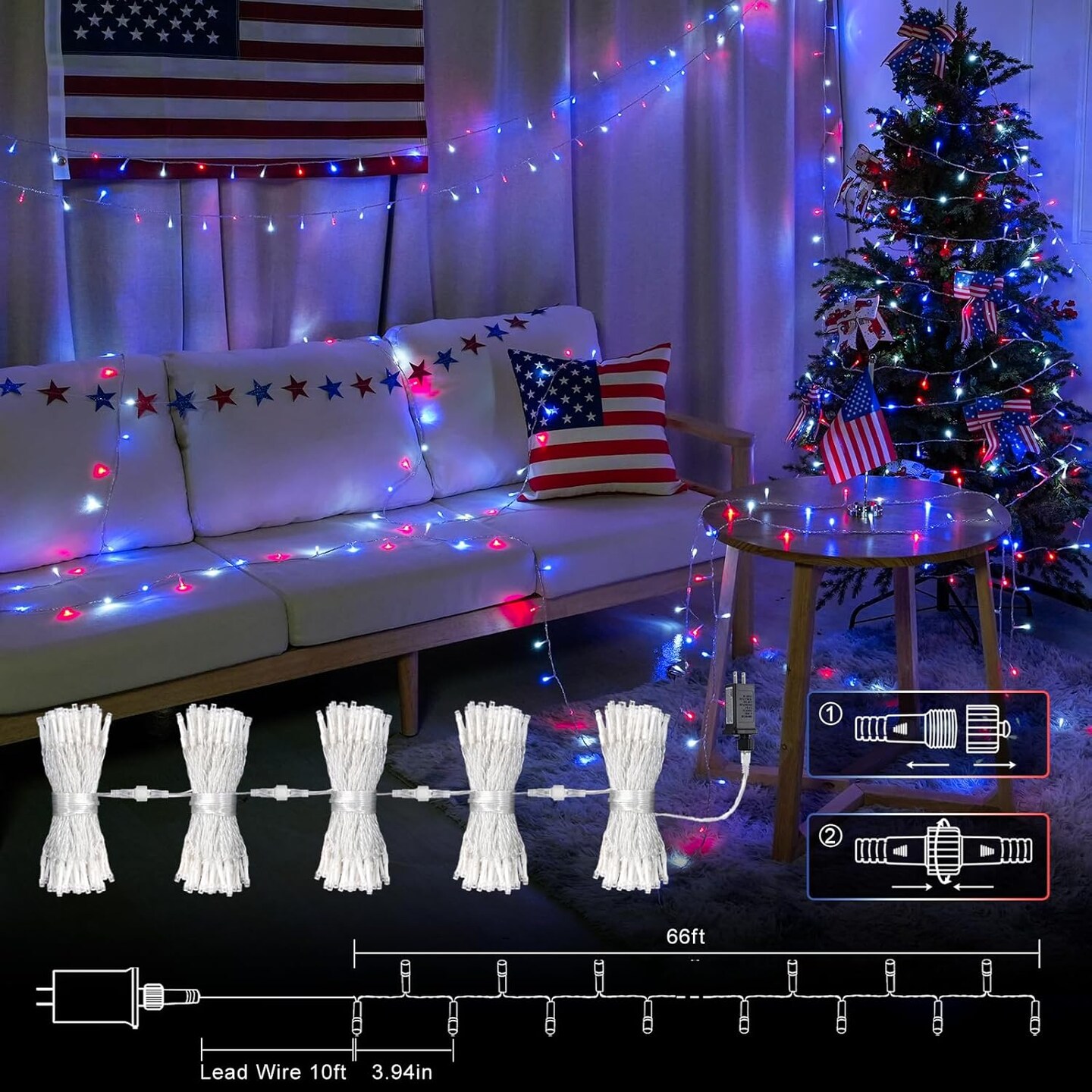 Red White and Blue Lights, Connectable Led String Lights Outdoor Waterproof, 4th of July Decoration Lights for Independence Day Resurgence Decorations, EXS-S-0200