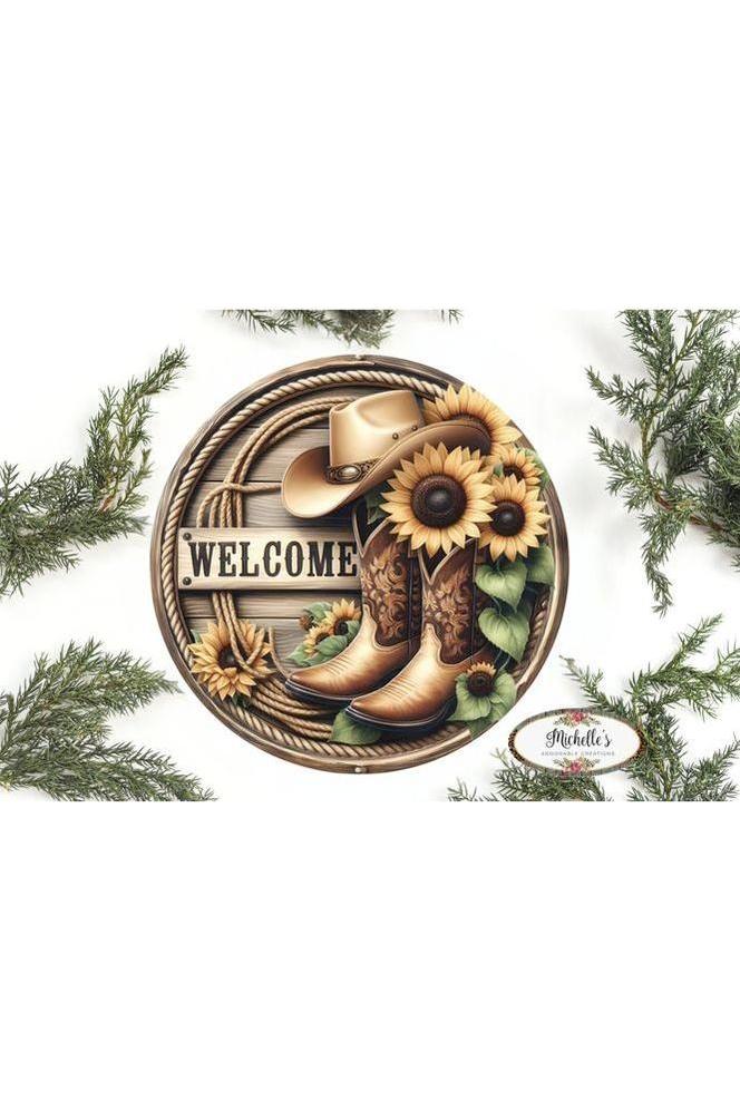 Welcome Cowboy Boots Sunflower Round Sign