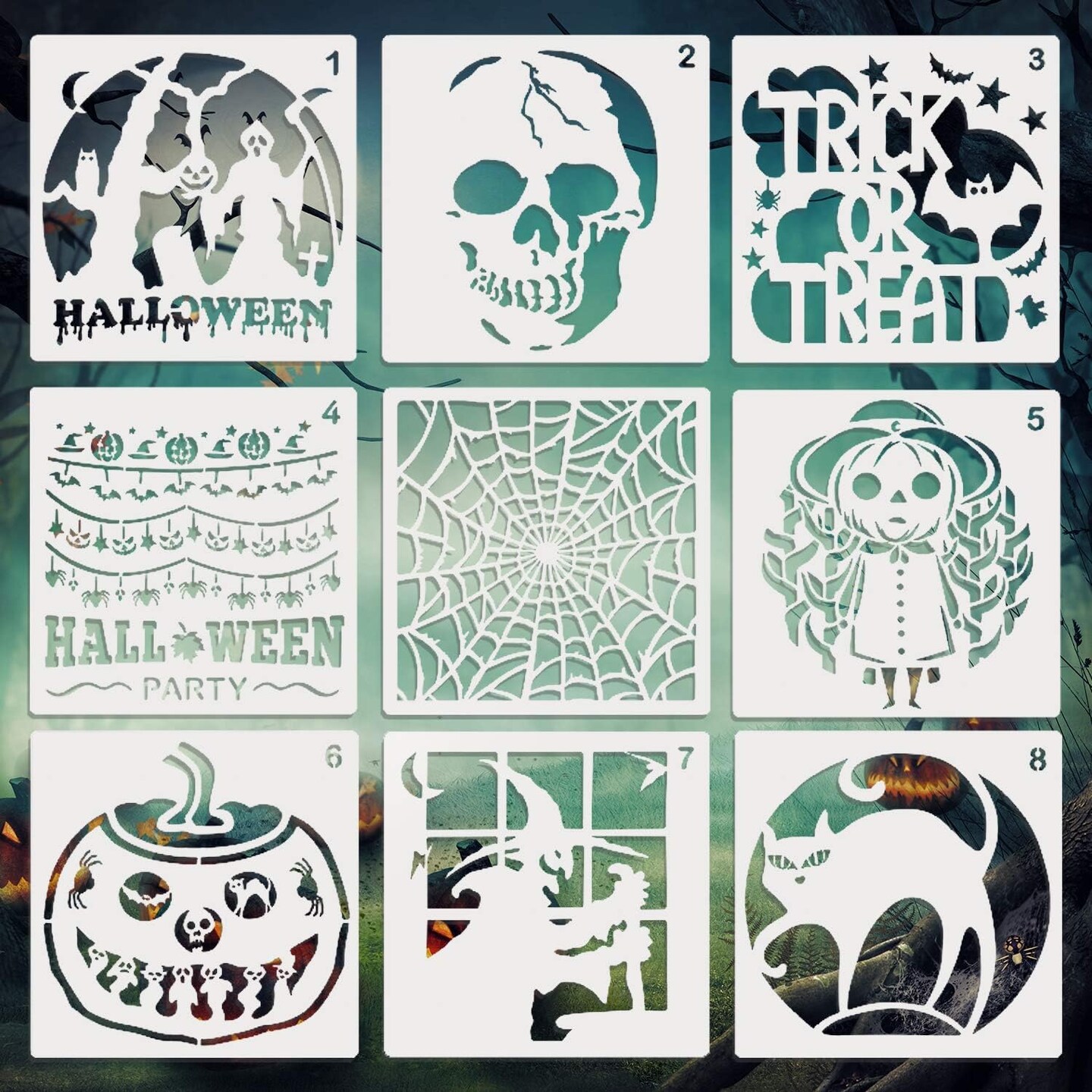7.8 x 7.8 in Halloween Stencils 9 Pieces Template DIY(Painting)
