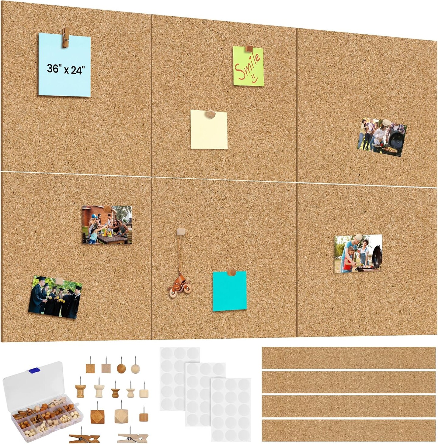 6 Pack Cork Boards 36" x 24" with 4 Frameless Cork Strips(Beige)