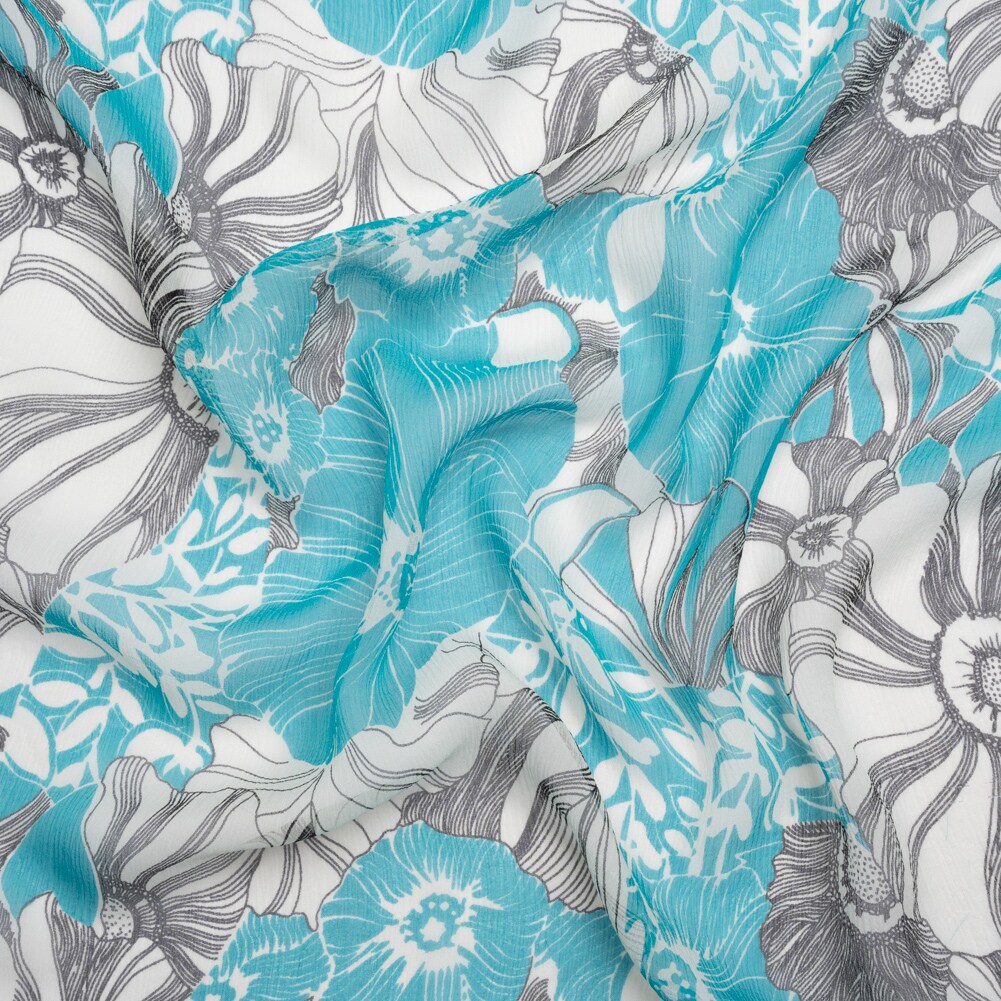 1 Yard Turquoise, Black and White Tropical Floral Crinkled Silk Chiffon Fabric 54 Inch Width