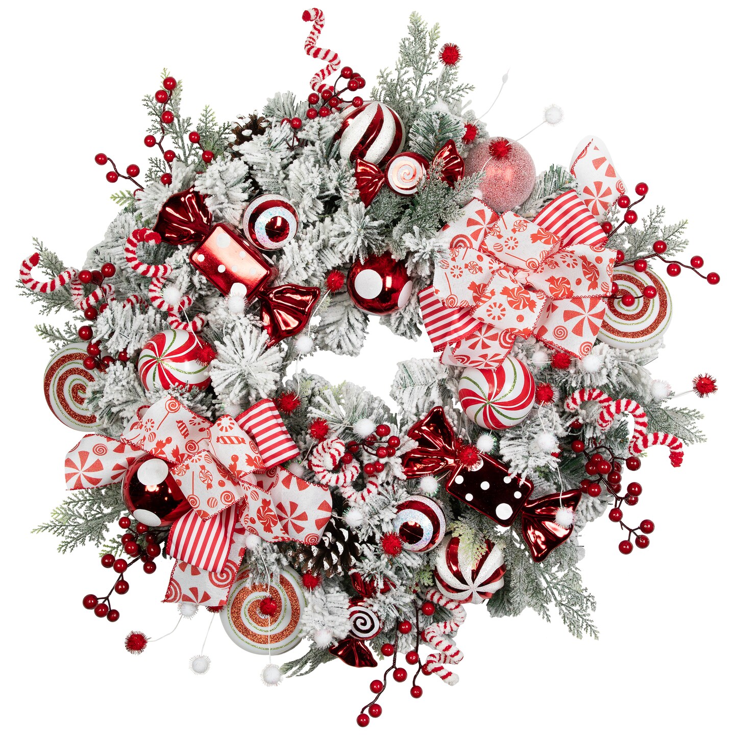 Northlight Heavily Flocked Pine with Candy Cane Striped Ornaments Christmas Wreath - 28&#x22; - Unlit