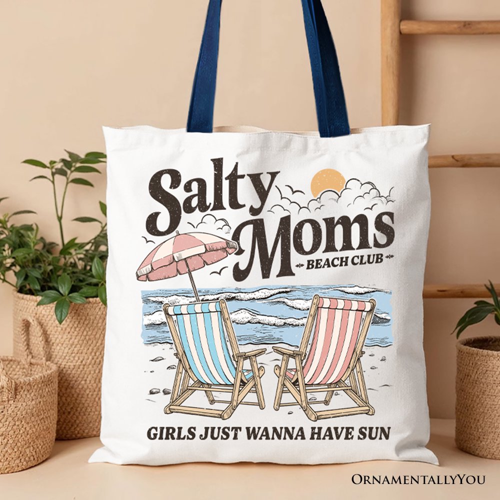 Salty Moms Beach Club Canvas Tote Bag, Retro Summer Gift for Ocean Loving Mothers