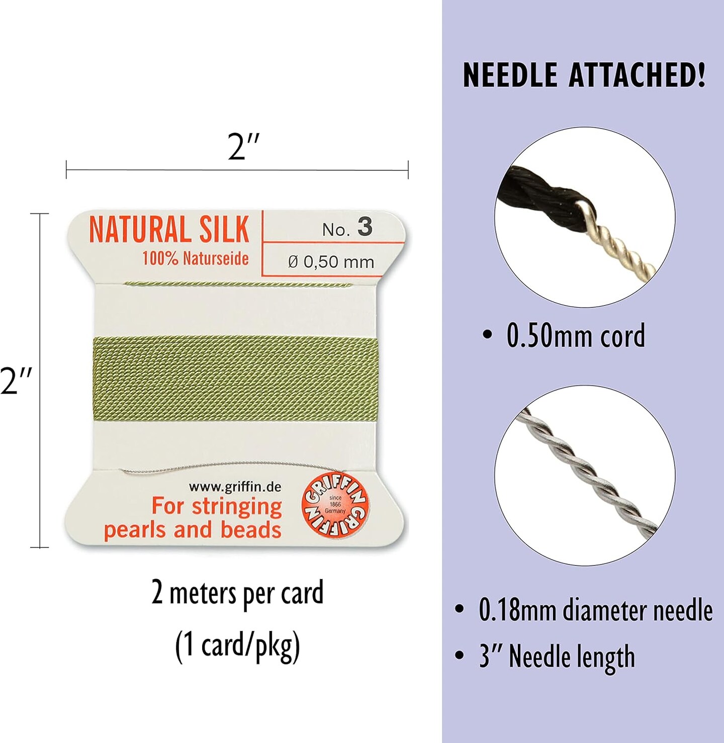 Griffin Silk Bead Cord Perlseide – Size 3 (0.50mm) – 2 Meters per Card – Stainless Steel Needle Attached – for Knotting Pearls, Gemstones, Crystals and Beads