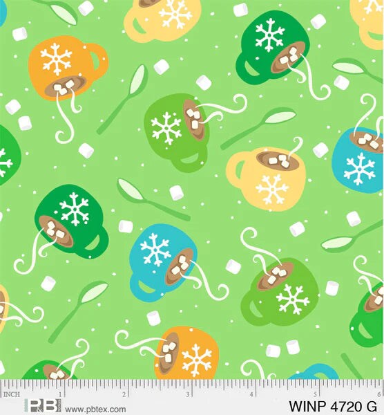 P & B Textiles Christmas Cocoa mugs and spoons on Green 100% Cotton Fabric Price per Yard