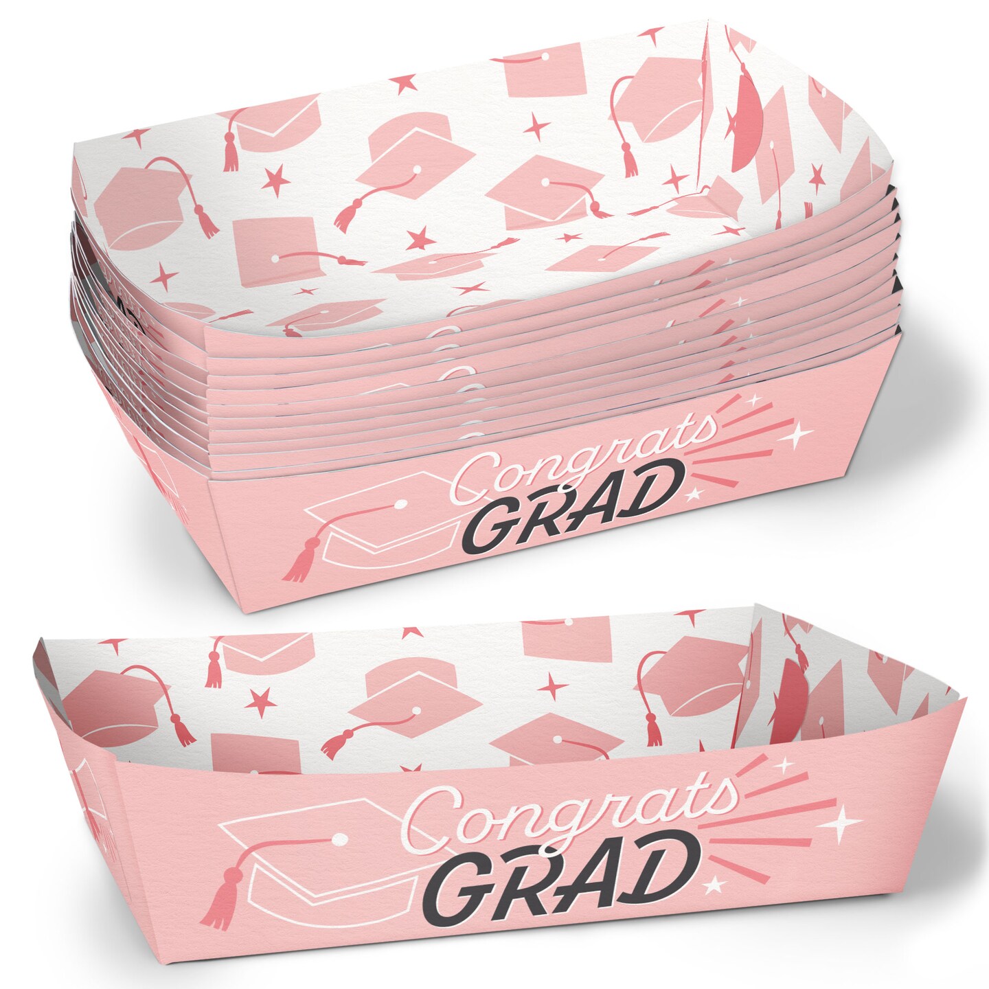 Big Dot of Happiness Pink Graduation Paper Food Trays, Disposable Food Boats for Congrats Grad Party, Double-Sided Paper Meal Holders - 12 Ct