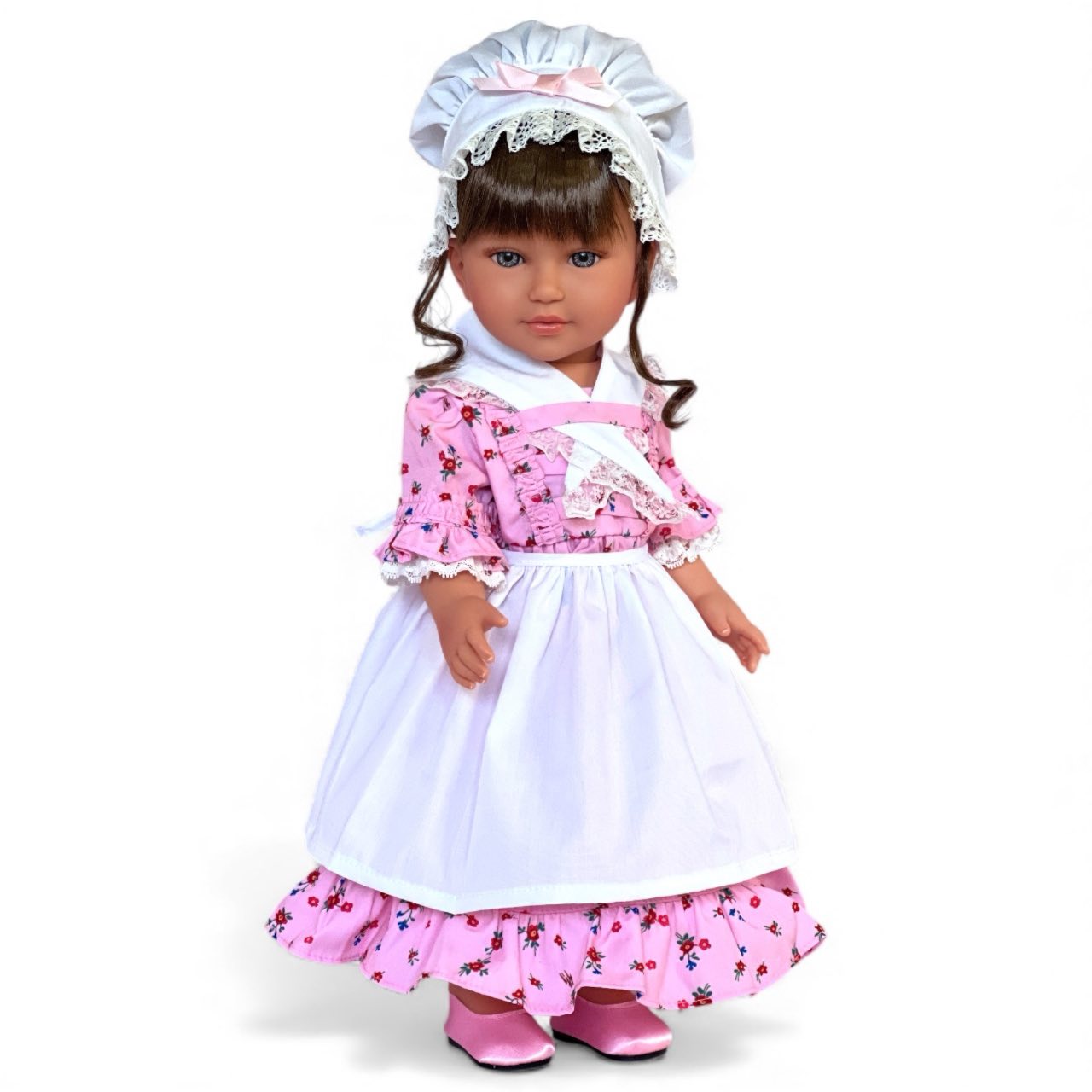 MBD Doll Clothes Colonial Prairie Dress Set with Bonnet & Apron – Fits 18 Inch Dolls Including Kennedy and Friends – Vintage Floral Outfit with Pink Shoes