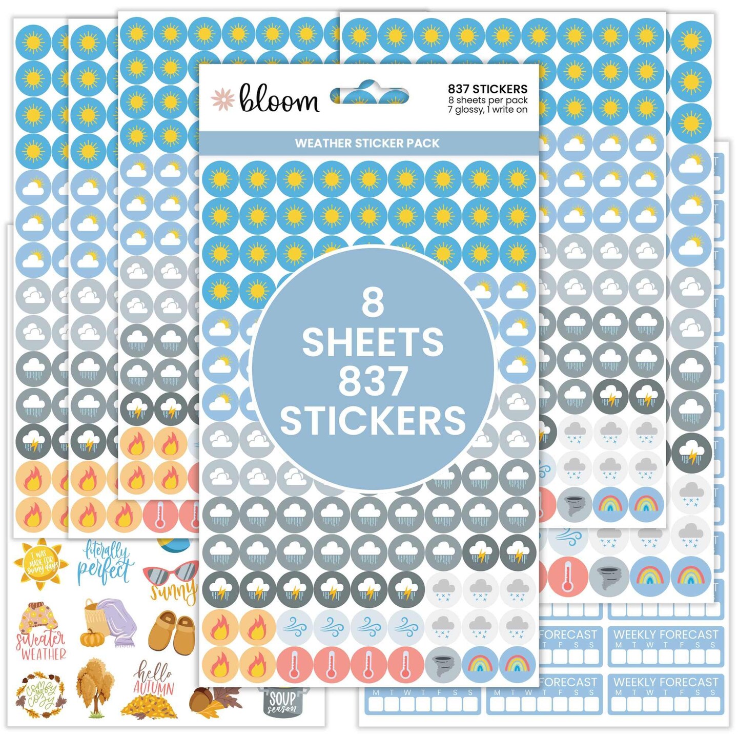 bloom daily planners Weather Planner Stickers, 8 Sheets (800+ Stickers) | Forecast Icons Pack