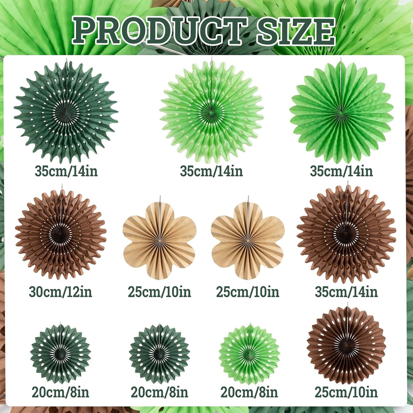 11-Piece Hanging Paper Fans Decoration Set | Green & Brown Tropical Jungle Flowers for Summer Safari Carnival, Birthday Party & Nursery Wall Decor