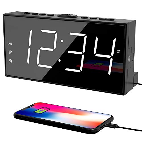 Clock for Bedroom, 2 Alarms Loud LED Big Display Plug in Simple Basic Digital Clock with USB Charging Port, Adjustable Volume, Dimmable, Snooze for Deep Sleepers Kids Elderly Home Office
