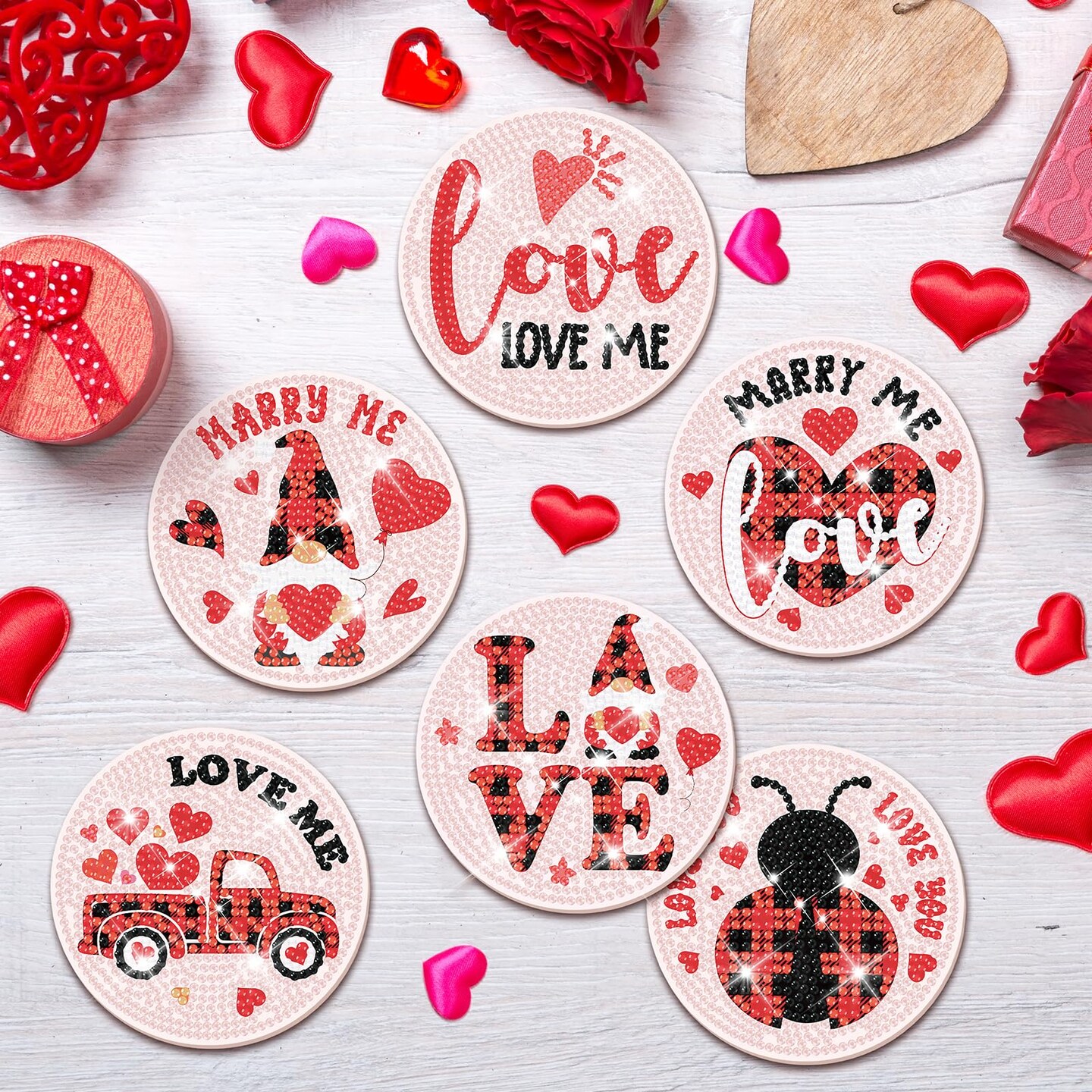 8 Pieces Valentine&#x2019;s Day Diamond Art Coasters Love Diamond Painting Coasters Kits with Holder DIY Coasters for Beginners, Adults, Kids, Diamond Art Crafts Supplies (Valentines)