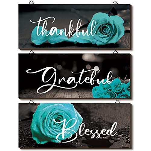 3 Pieces Rose Wooden Wall Decor Thankful Grateful Blessed Wooden Signs Inspirational Wall Art Signs Wedding Wall Decor for Room Kitchen Bathroom (Teal,16 x 6 Inch)