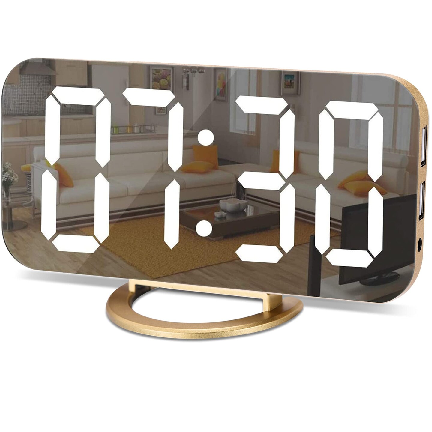 Digital Alarm Clock,LED and Mirror Desk Clock Large Display,with Dual USB Charger Ports,3 Levels Brightness,12/24H,Modern Electronic Clock for Bedroom Home Living Room Office - Gold