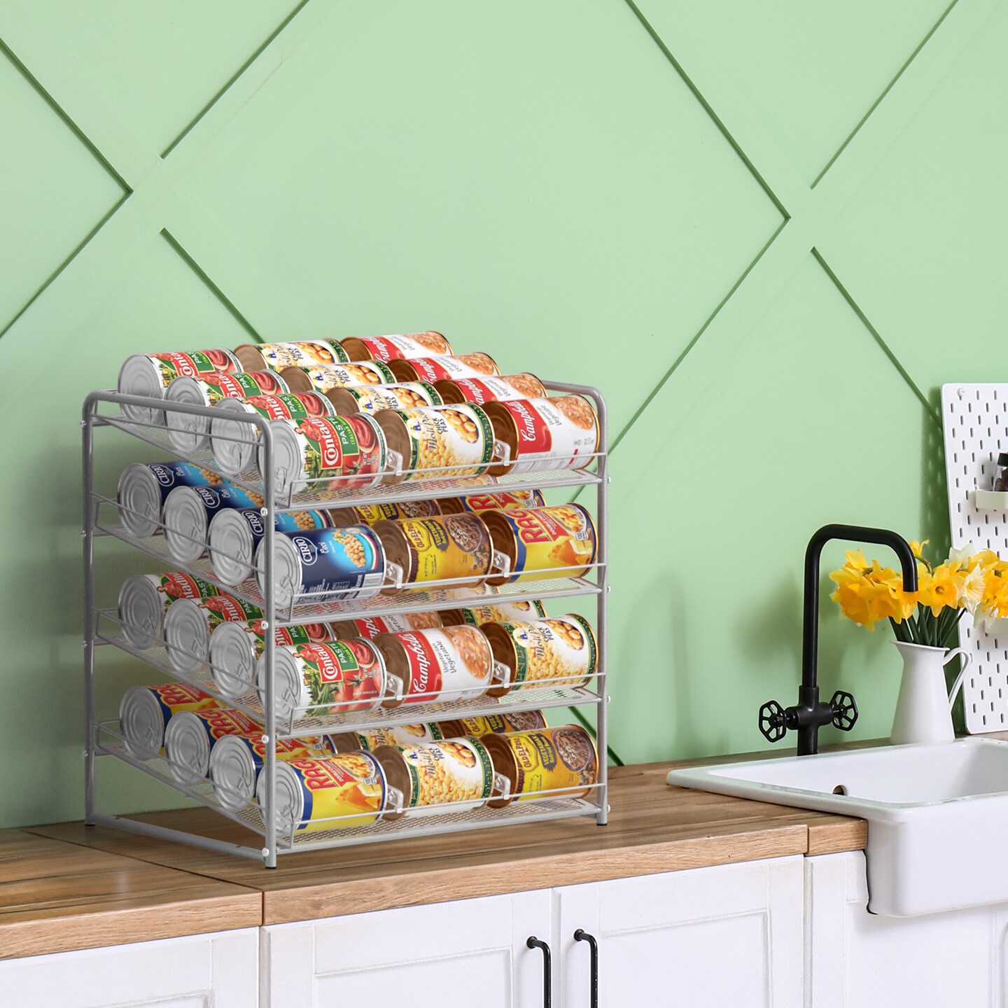 Can Rack Organizer 4-Tier Metal Can Rack Organizer Holds Up to 48 Cans, Can Dispenser for Pantry, Kitchen, Cabinets and Countertops