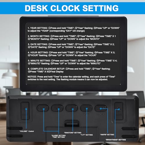 Digital Alarm Clock with Snooze, Small Clock/Table Clock, 6.3&#x22; LED Digital Calendar, 12/24H, Adjustable Brightness/Volume, Desk Clock for Bedroom, Living Room, Office - Black