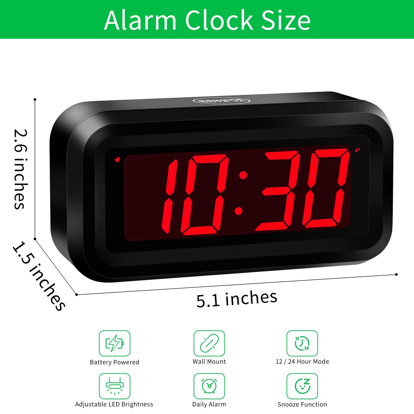 Digital Clock, Small Wall Clock, Battery Operated, Adjustable 3-Level Led Brightness, Dim Night Mode, 12/24Hr, Cordless, Constantly 1.2&#x27;&#x27; Digits Display for Bedroom/Travel, Easy to Set