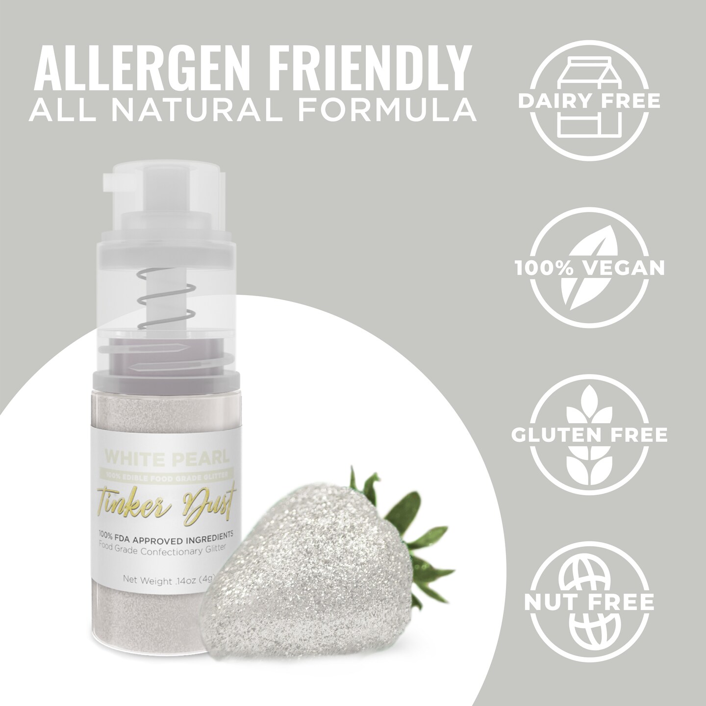 Bakell - White Pearl Tinker Dust Edible Glitter (4g, 1x Mini Spray Pump) for Food, Desserts, and Beverages!