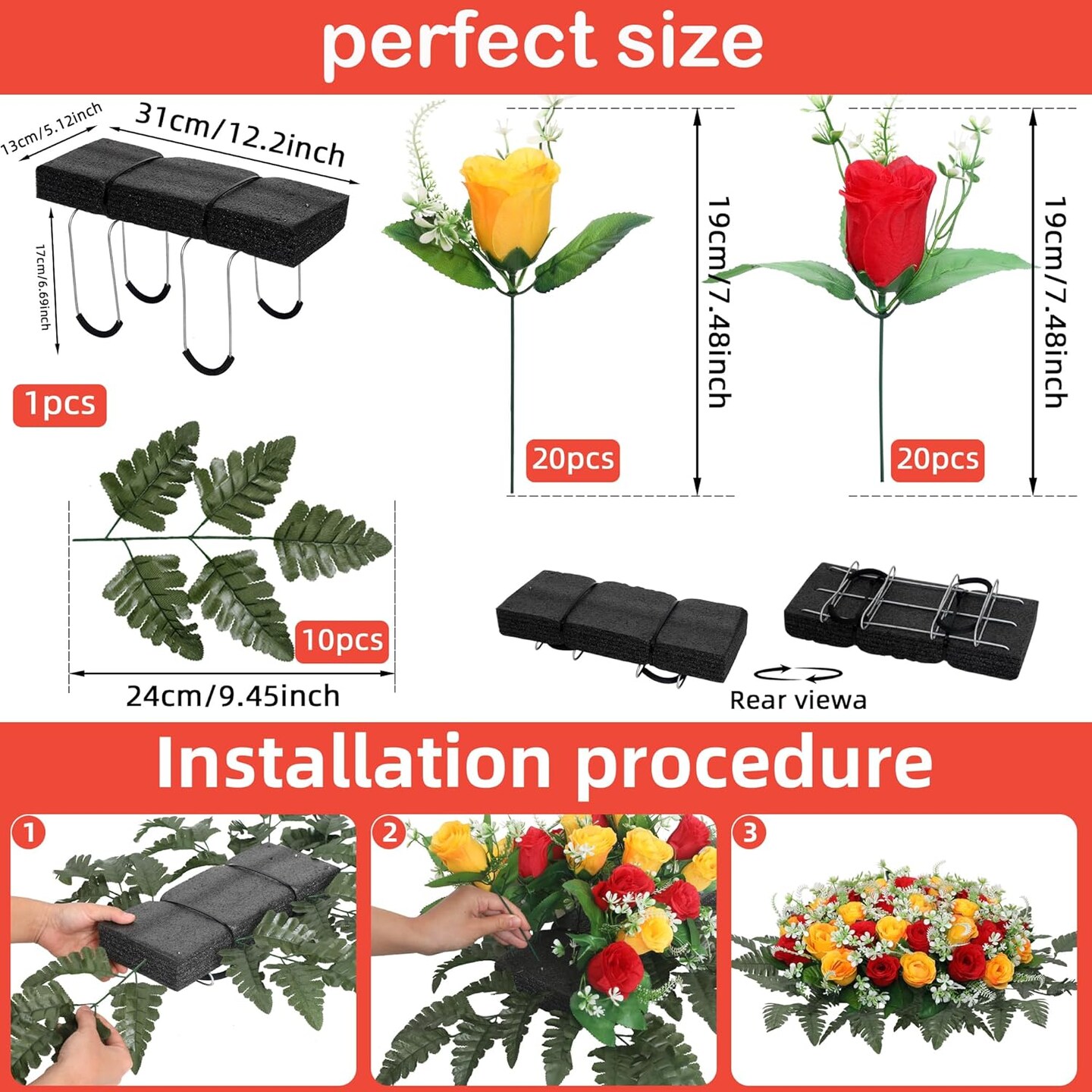 Artificial Cemetery Flower Saddles for Graves – 10 Pcs Silk Fern & 40 Realistic Rose Blossoms with Metal Headstone Holder –Resistant Memorial Flowers for Tombstone Decor (Red Yellow)